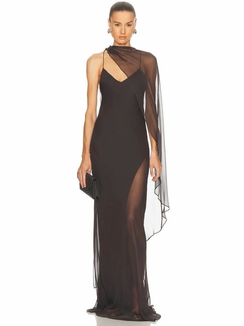 The Sei Cape Cami Slit Gown in Carbon. Color: Grey. Size: 0. $1,299.50 MSRP.